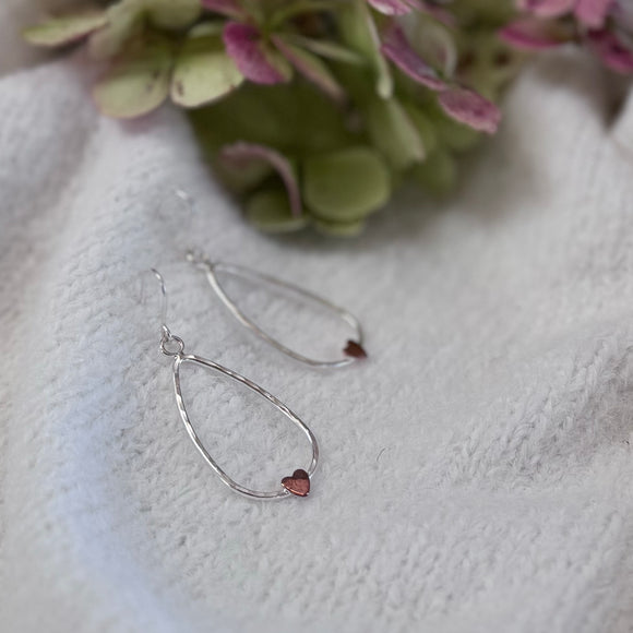 Silver Teardrop Earrings with Copper Heart