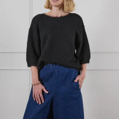 Soft Knit Cropped Sleeve Sweater in Black