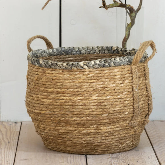 Straw Basket with Grey Braid Rim - Large