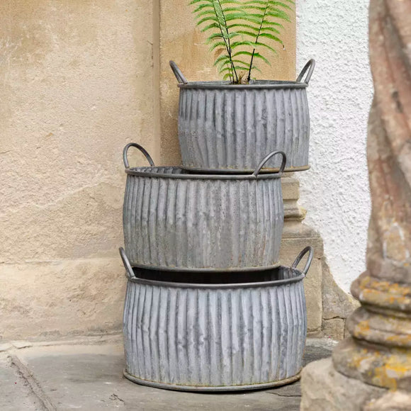 Zinc Ribbed Planters with Handles - Three Sizes