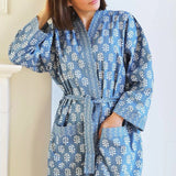 Cotton Kimono Robe in Blue and White