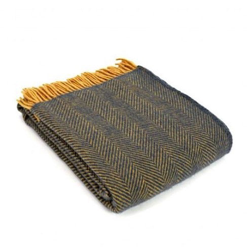 Pure New Wool Throw in Navy and Mustard Herringbone